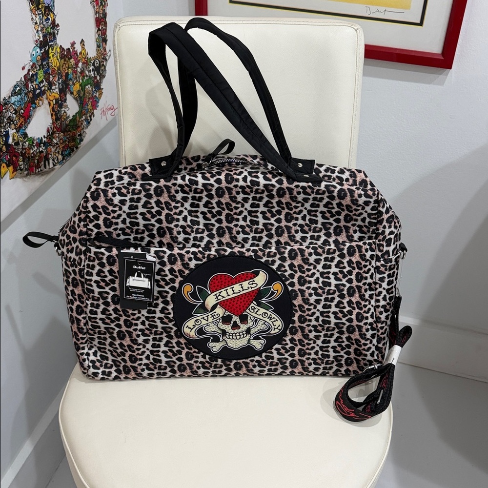 Ed Hardy Leopard Print Sparkly Tatoo Art Skull Design & CBody Strap Duffel Bag